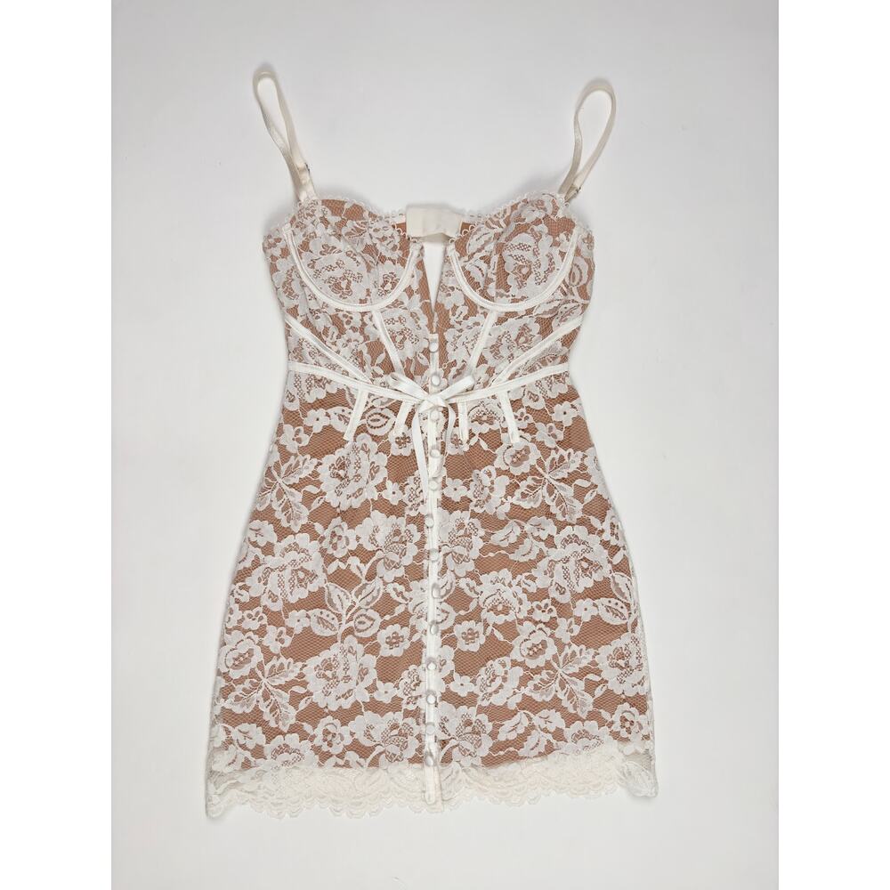 For Love & Lemons Ivory Lace Corset Mini Dress Nude Lining Romantic Bridal New - Picture 9 of 16